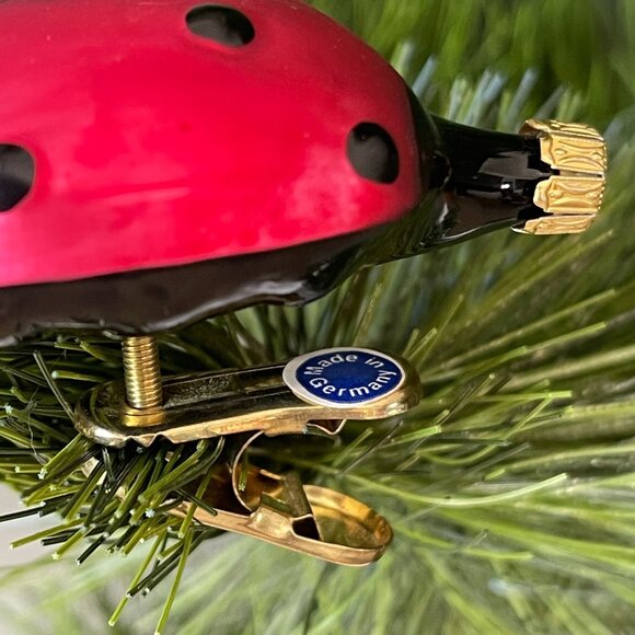 Vintage German Glass Ladybug Christmas Ornament Clip-On Hand Blown Red Black - Picture 3 of 6